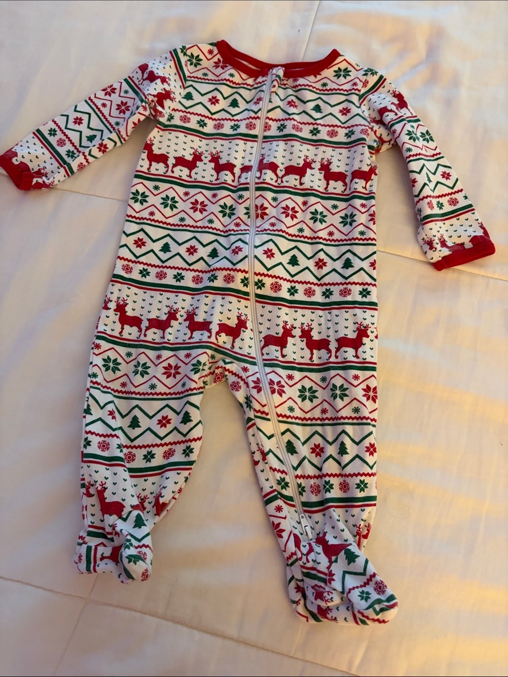 Holiday Time Red & Green Reindeer Footed One-Piece Size 6-9 Months